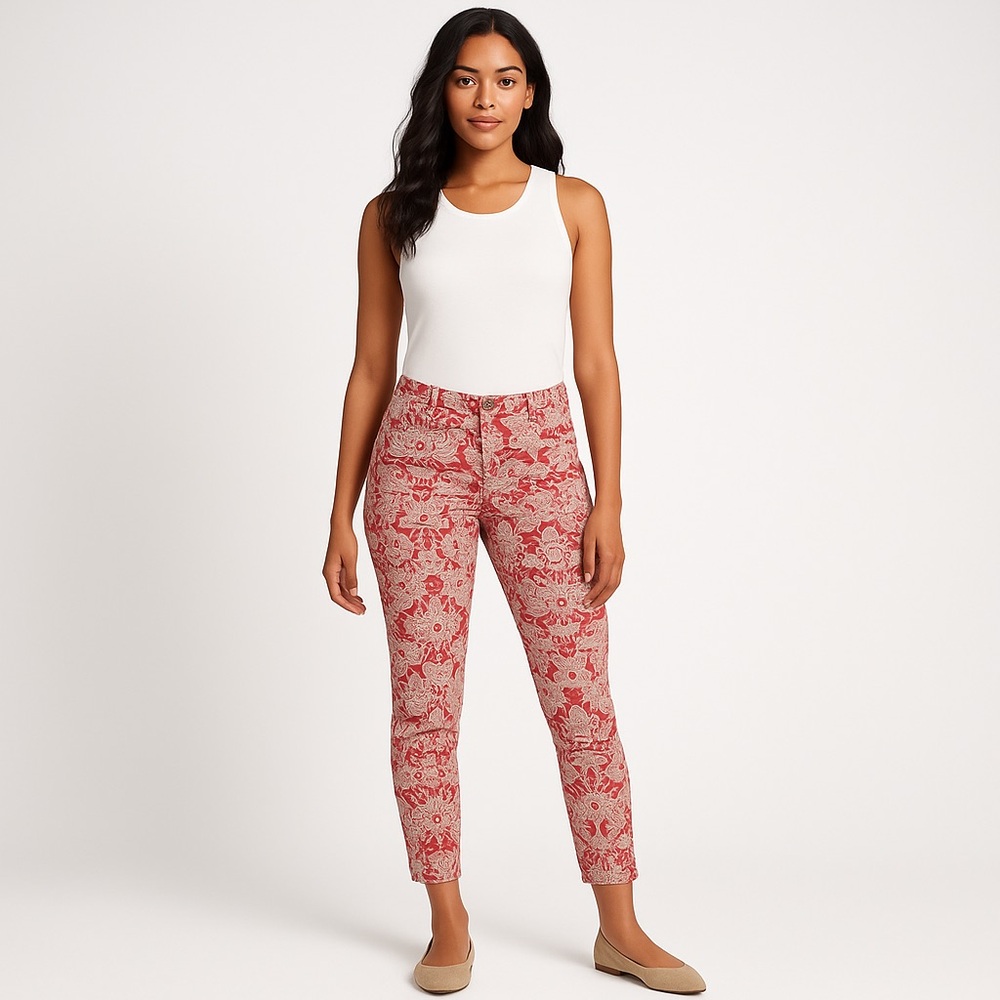 Nine West Red Paisley Matchstick Skinny Ankle Pants Size 10